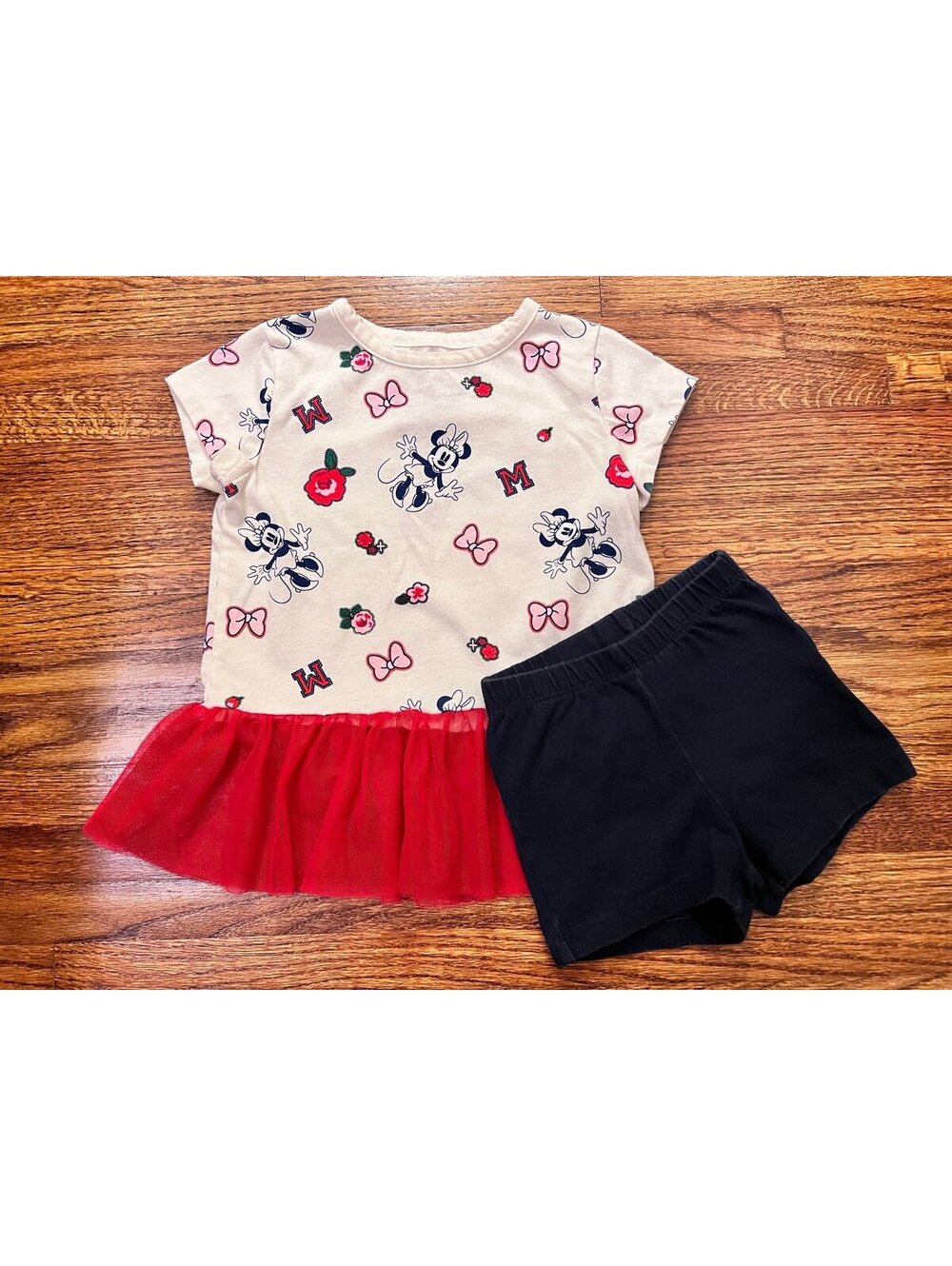 Disney Minnie Mouse Short Sleeve Peplum Tulle Shirt + Shorts Outfit Set (2-3T)